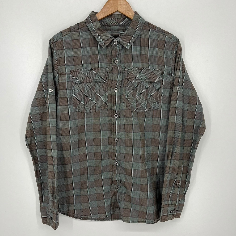Prana Breathe Mens Medium Brown Teal Plaid Roll Tab LS Button Down Shirt